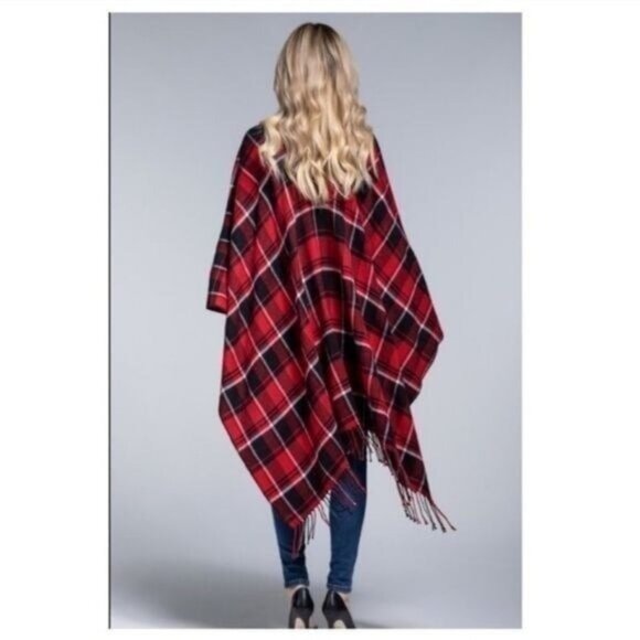 Red & Black Plaid Fringe Open Poncho Wrap Shawl-NEW - Picture 4 of 7